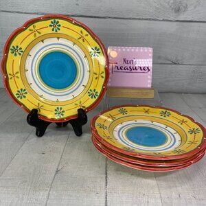 Culinary Arts PETIT JARDIN Yellow Blue Flower Scallop Ceramic Salad Plate Set 4